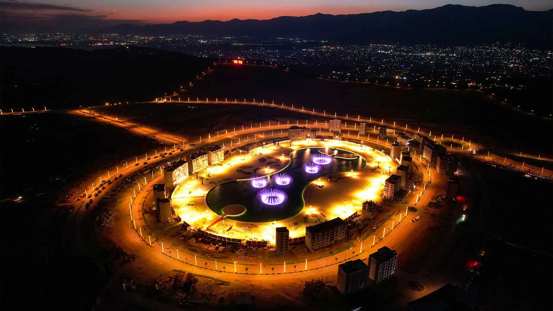Park View City Islamabad Downtown lake and dancing fountain at night